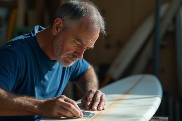 Lawrence B Primak intensely focused on shaping a surfboard, profile view, showing dedication.