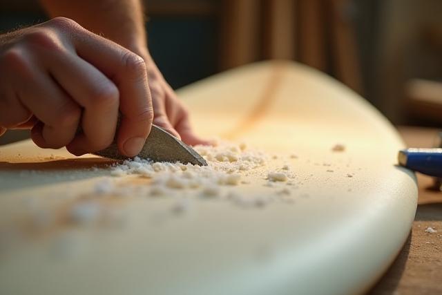 Close-up view of a shaper's hand meticulously planing a surfboard blank in the Tamarac studio.