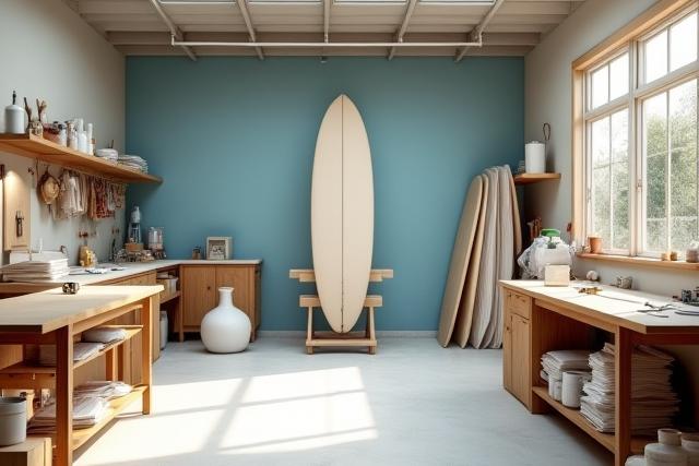 The organized but creative chaos of Lawrence B Primak's surfboard shaping workspace.