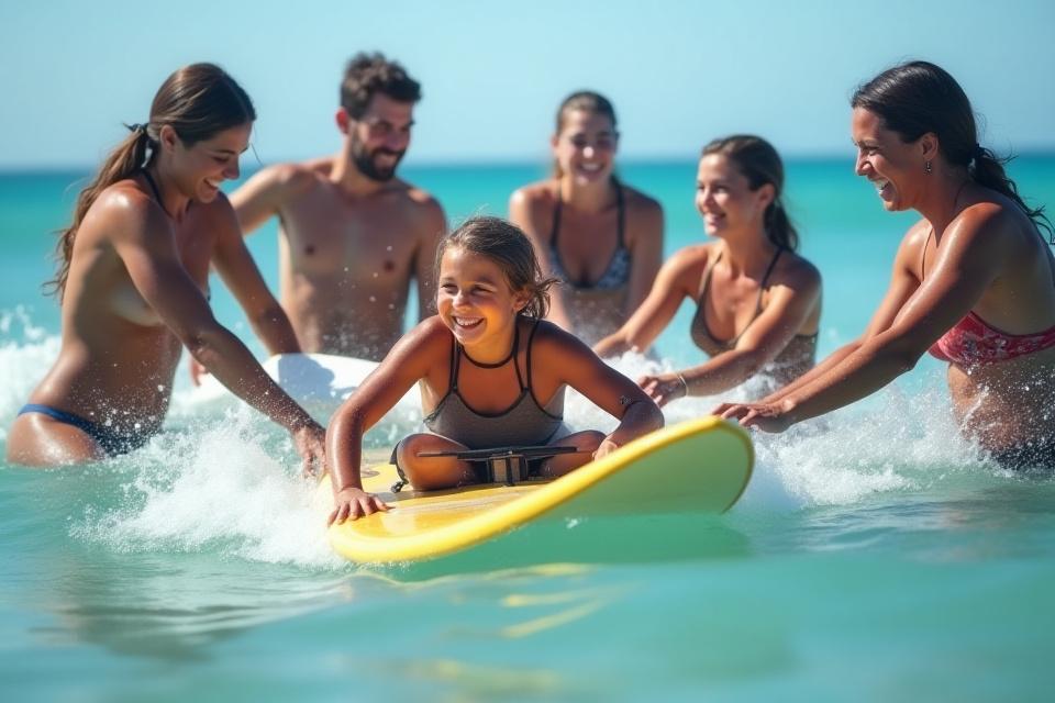 A joyful adaptive surfer, assisted by a volunteer, riding a custom-shaped surfboard with extra stability features on a calm ocean wave.