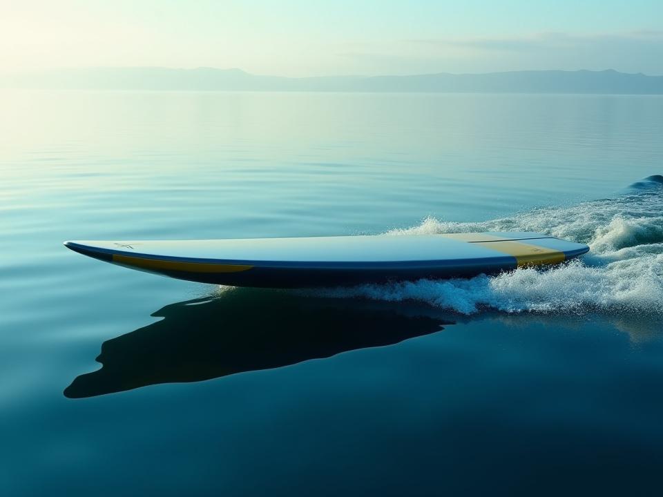 A sleek, modern electric surfboard cutting through calm water, showcasing advanced propulsion and design.