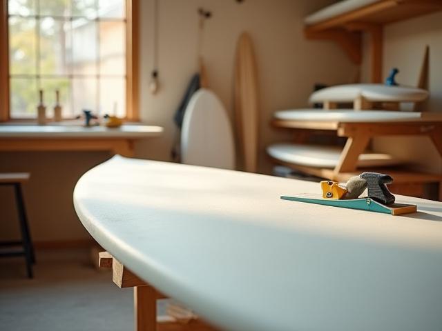 Inside a shaper's studio, tools and surfboard blanks, focused on board contours.