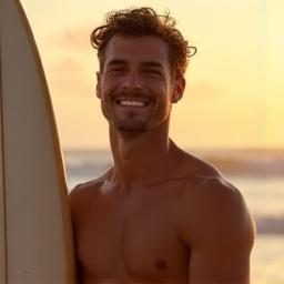 Portrait of Alex P., a surfer from Miami Beach, smiling and holding his surfboard.
