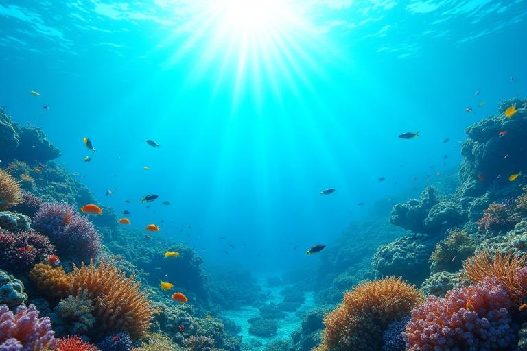 Healthy coral reef underwater with clear blue water and diverse marine life, symbolizing ocean conservation
