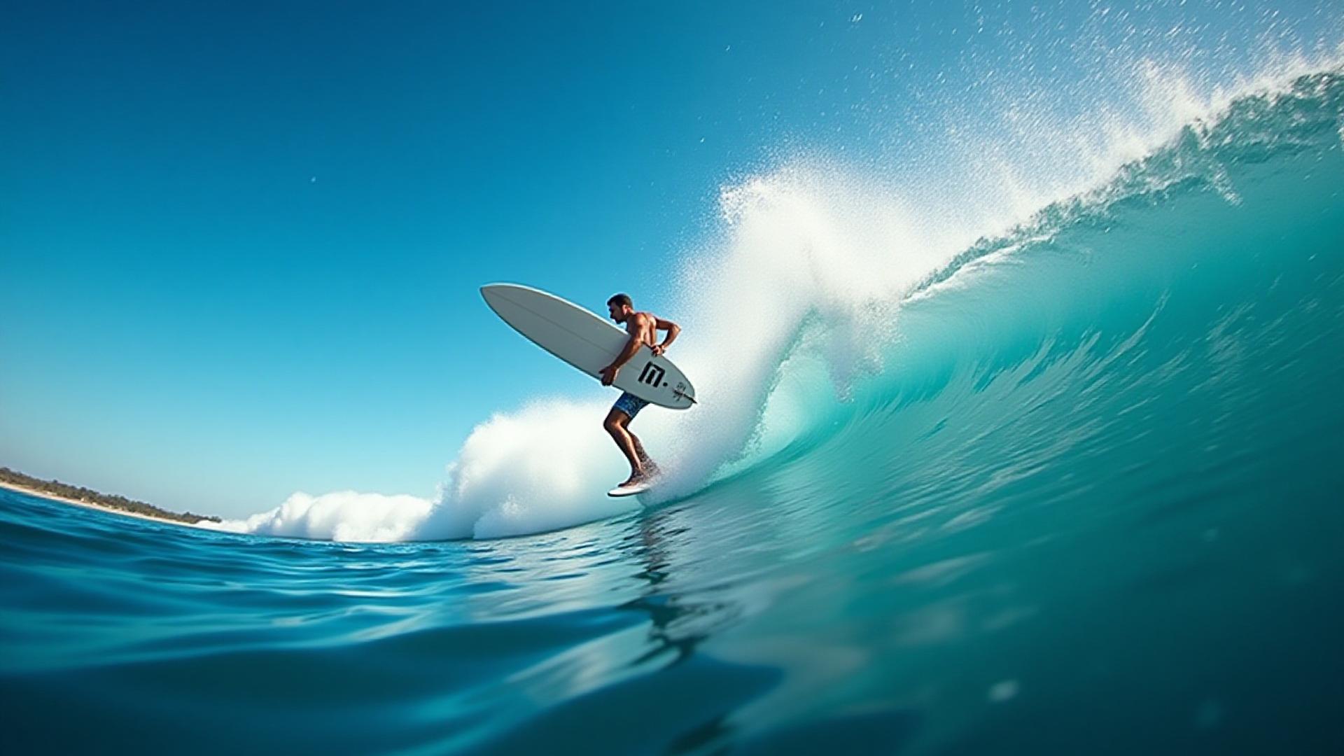 Surfer launching an air on a clean, white epoxy board