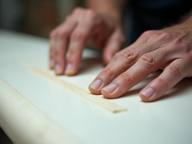 Shaper's hands carefully sanding the rails of a surfboard blank, covered in foam dust.