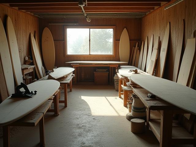 Overview of a busy, authentic surfboard shaping bay with tools and blanks.