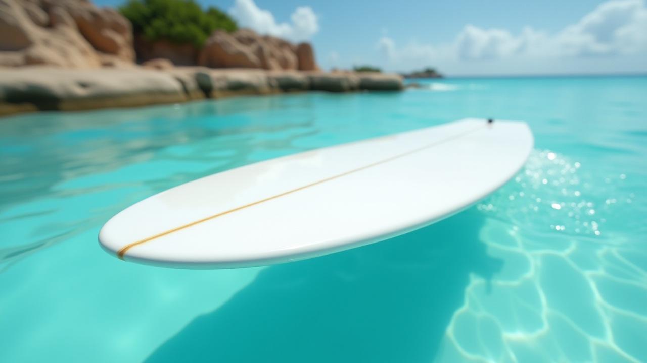 A sleek, modern performance shortboard with sharp rails, ready for aggressive surfing.