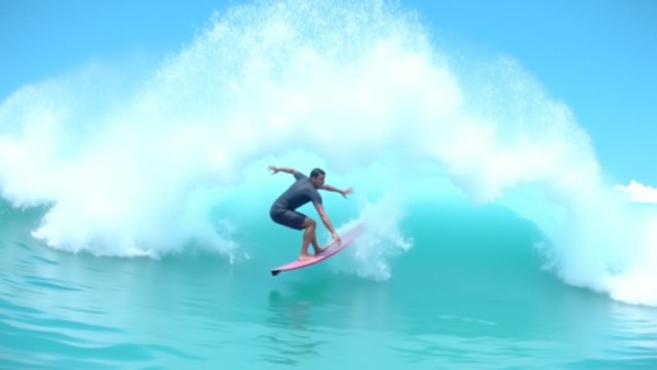 Dynamic shortboarder throwing a spray off the top of a wave.