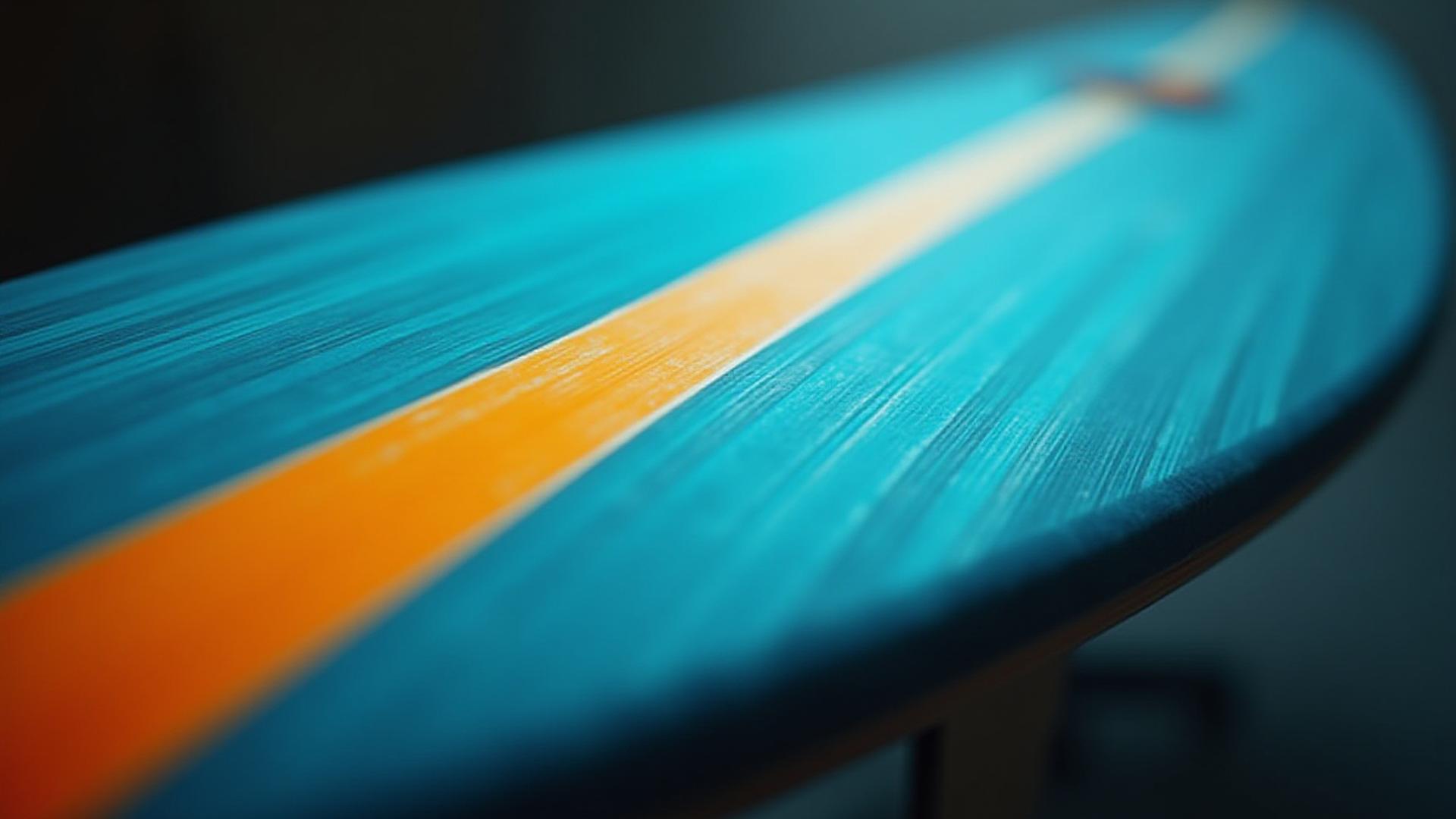 Surfboard showcasing a sharp, colorful resin panel design