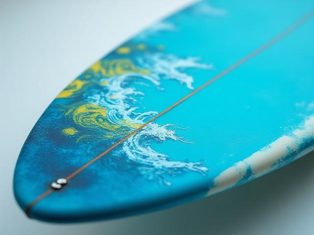 Surfboard with a custom graphic of an abstract wave design