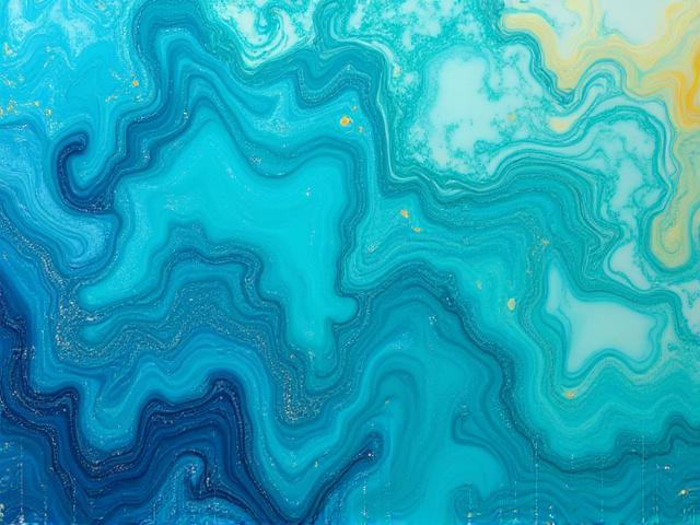 Close-up of a surfboard with intricate resin swirls, blues and greens