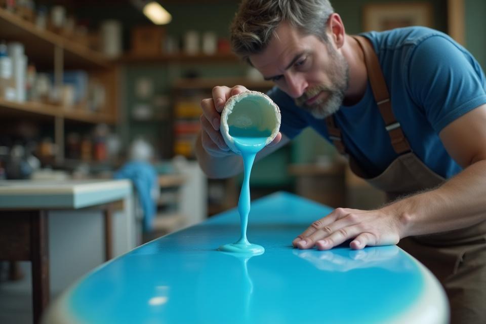 Lawrence B Primak pouring colored resin onto a surfboard blank