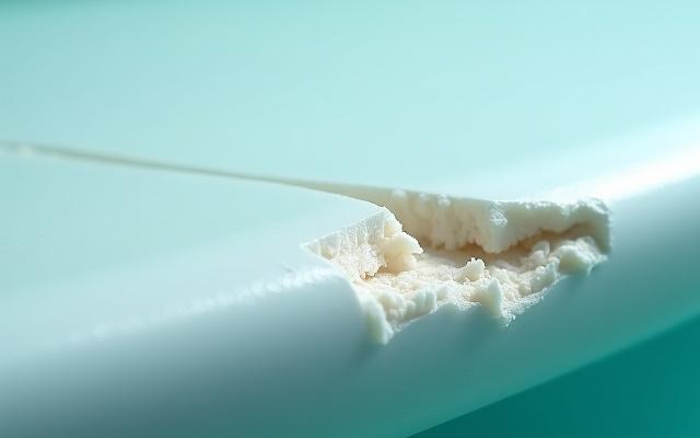 Severely crushed surfboard rail before repair, showing exposed foam and fiberglass damage.