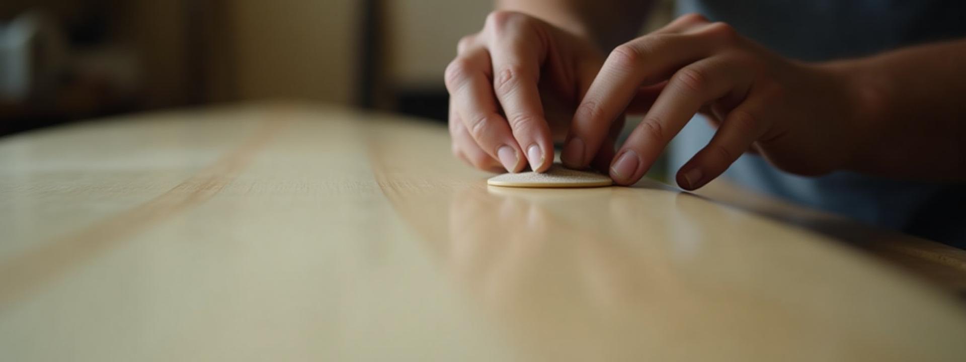 Close-up of Lawrence B Primak's hands meticulously sanding a repaired section of a surfboard with a focused, skilled expression.