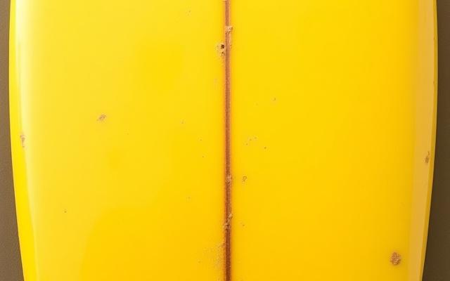 Old, yellowed surfboard deck with visible UV damage, grime, and minor pressure dents before restoration.